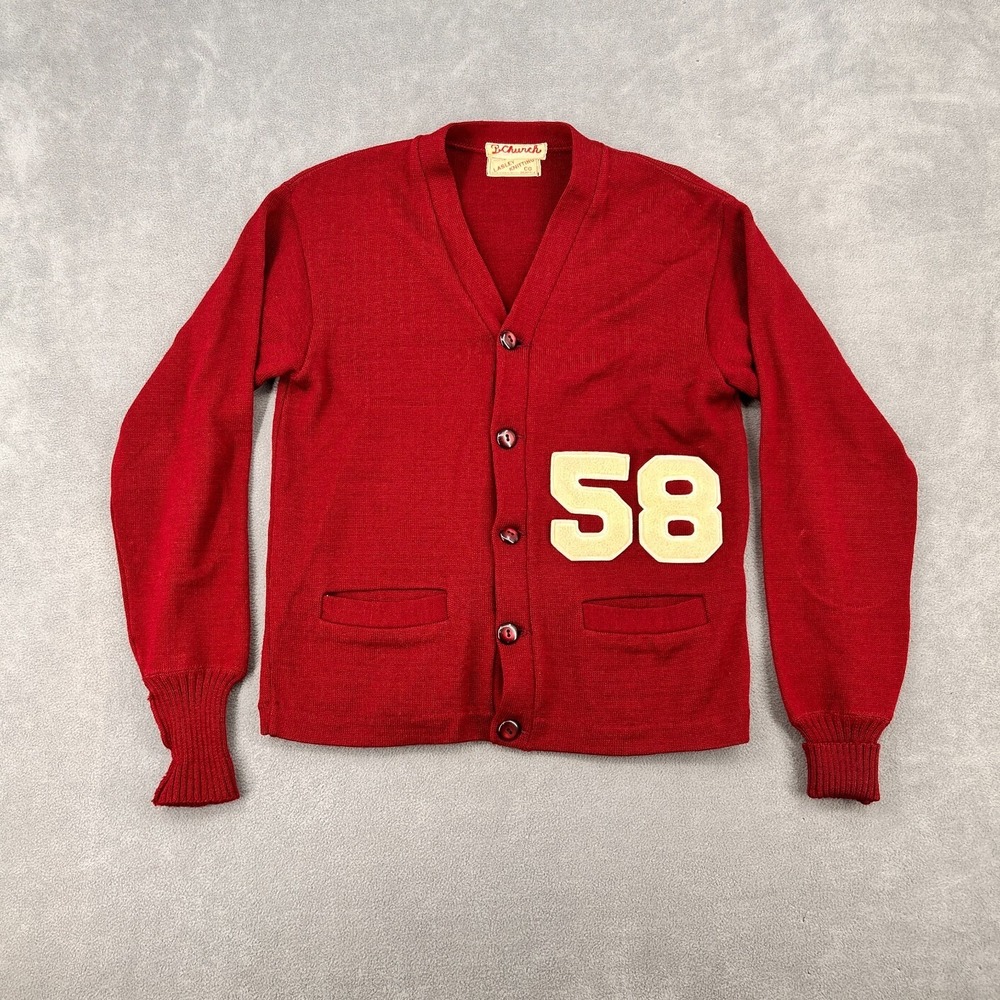 VTG 1950s‎ Lasley Knitting Co. 58 Patch Letterman Cardigan Sz S Virgin Wool